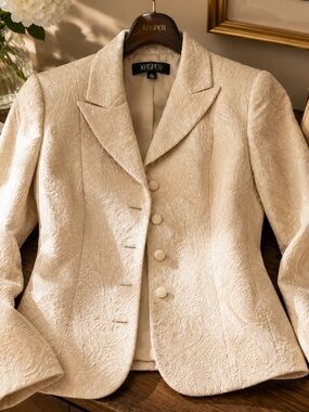 Ivory Paisley Jacquard Blazer Size 12 | Elegant Textured Career Jacket